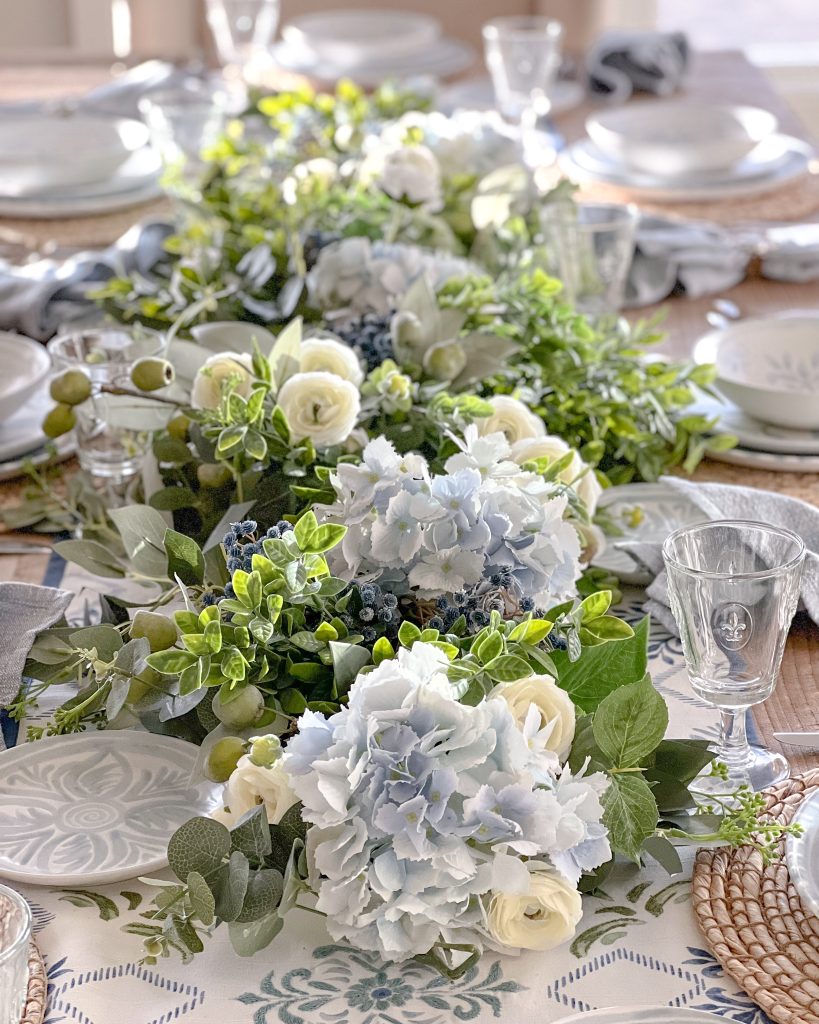 Chambray Blue and White Spring Tablescape florals