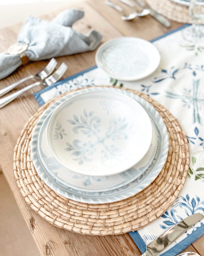 Chambray Blue and White Spring Tablescape place setting