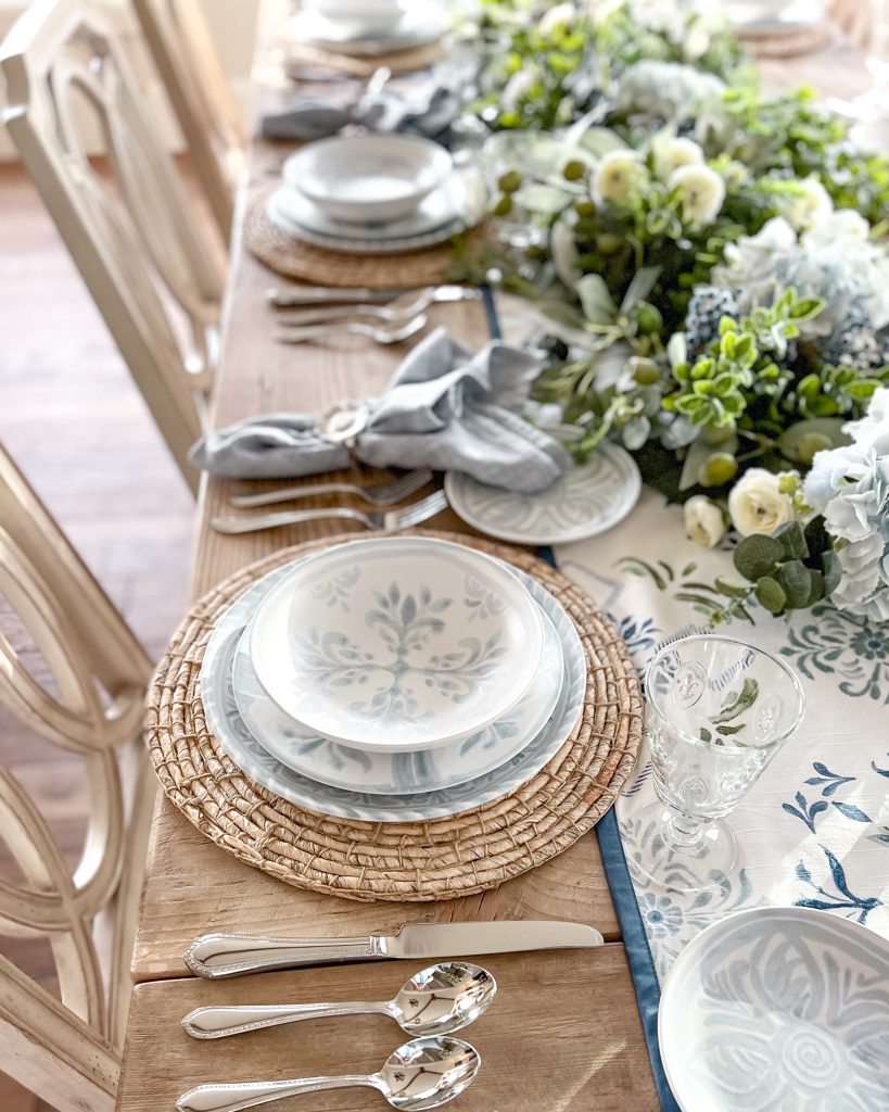 Chambray Blue and White Spring Tablescape place setting