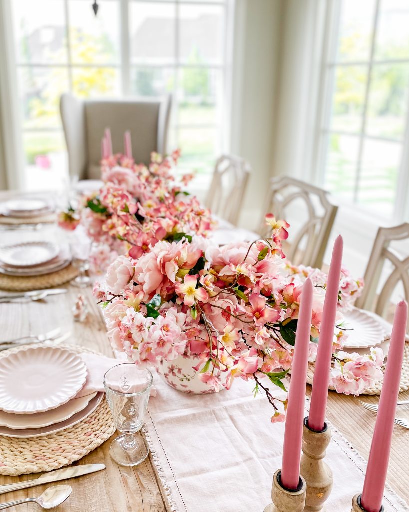 cherry blossom themed pink tablescape