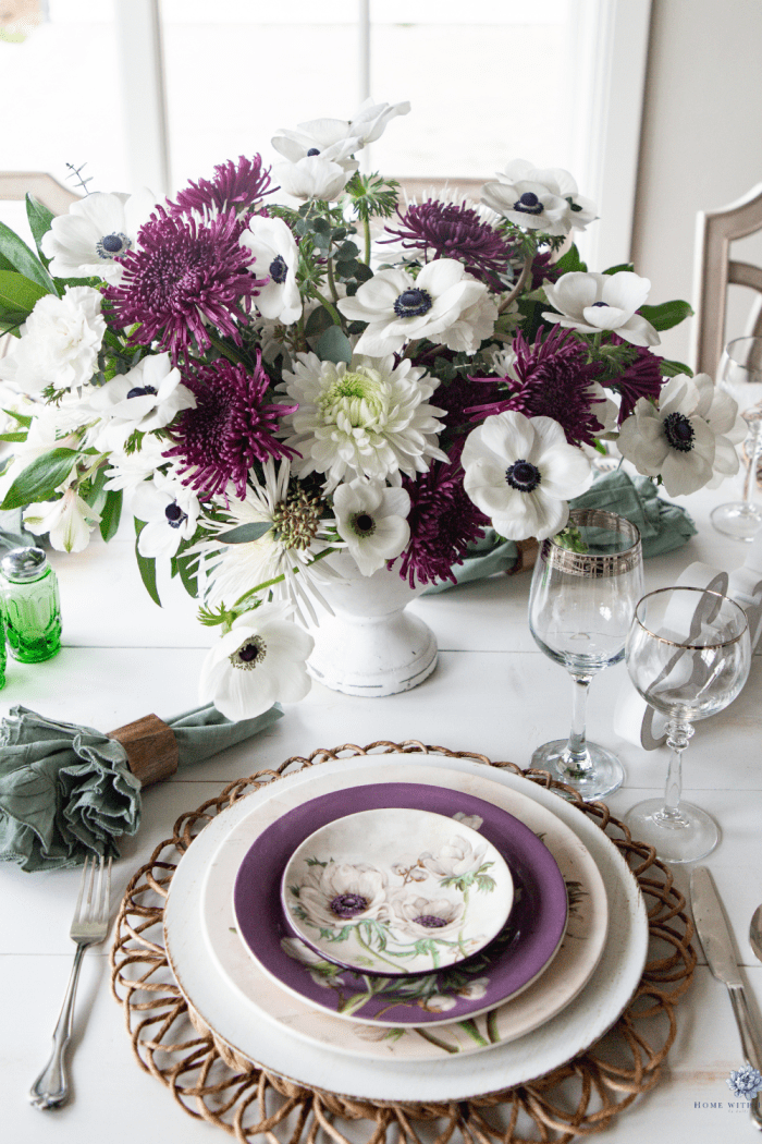 Creating a Stunning Purple and White Spring or Summer Tablescape with Anemone Flowers