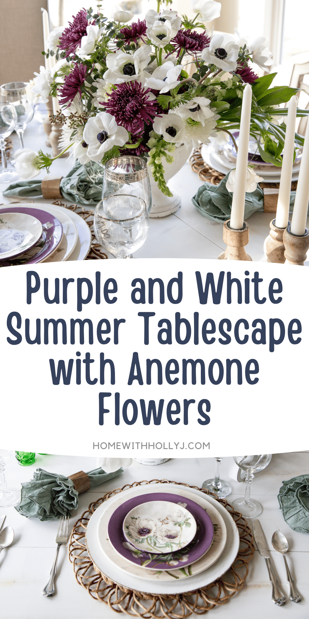 Create a stunning purple and white summer tablescape with anemone flowers that will liven up your table. Get all my best tips here.