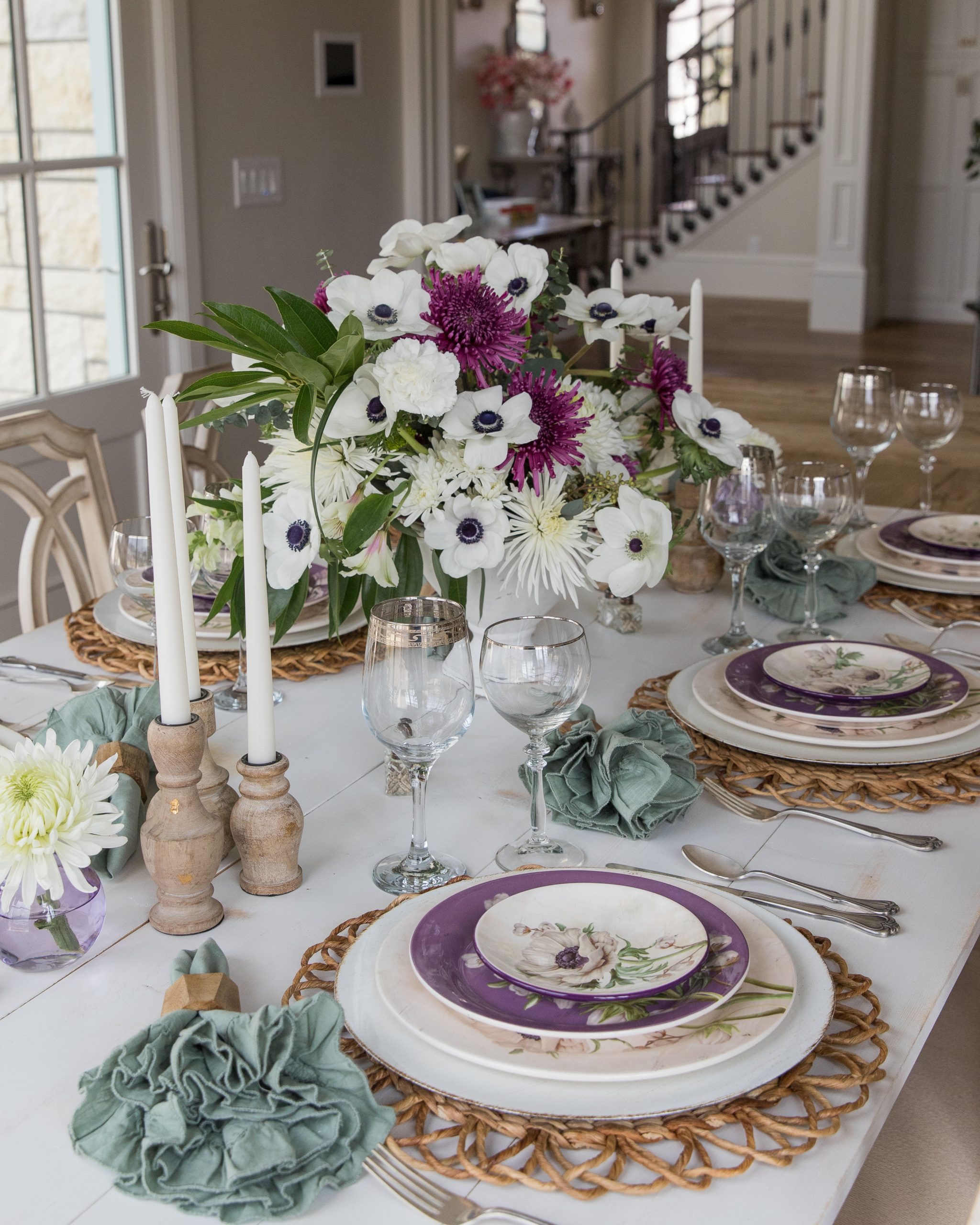 Purple and White Summer Tablescape with Anemone Flowers - Home With Holly J