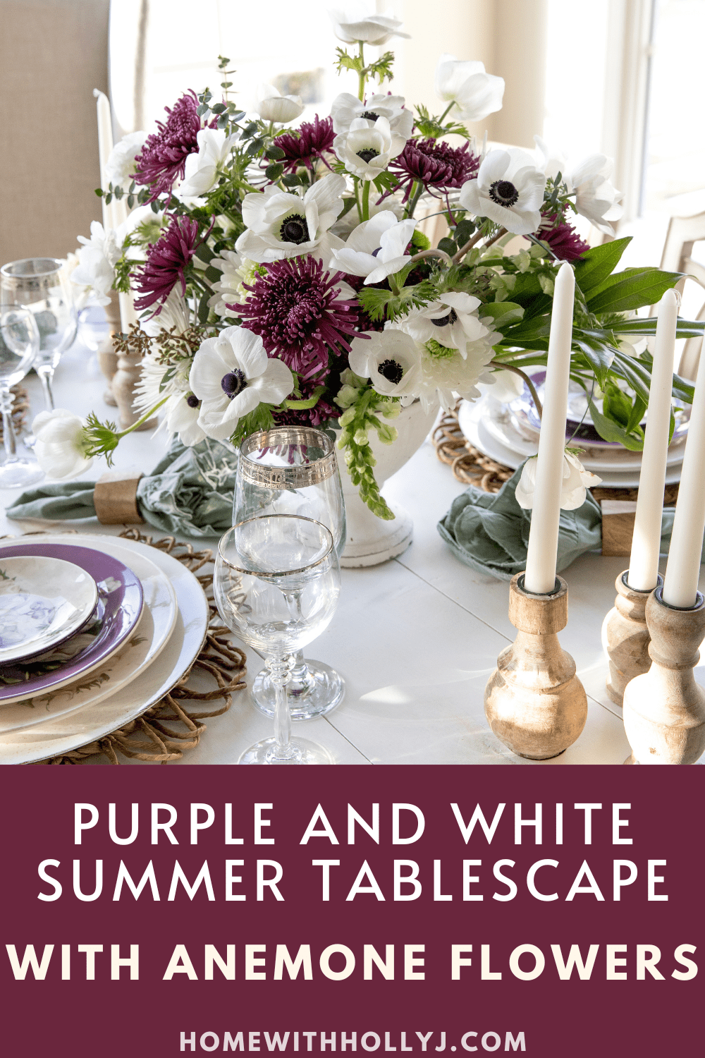 Create a stunning purple and white summer tablescape with anemone flowers that will liven up your table. Get all my best tips here.