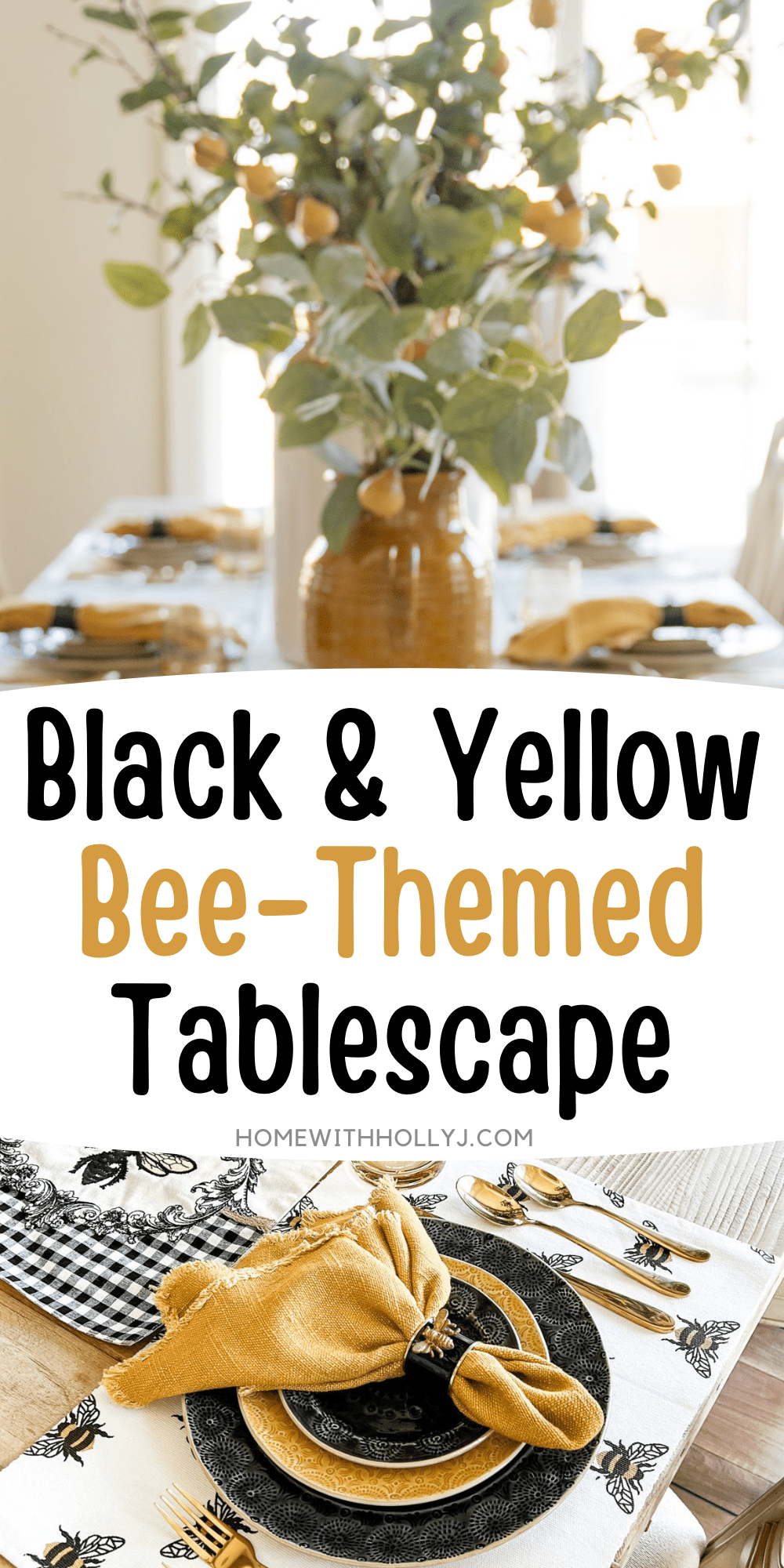 This Black and Yellow Bee Themed Fall Tablscape is perfect as we transition from summer to fall decor or bee themed party decor.