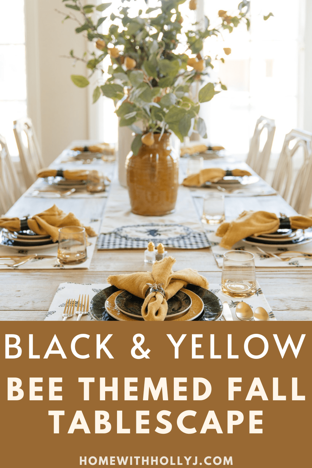 This Black and Yellow Bee Themed Fall Tablscape is perfect as we transition from summer to fall decor or bee themed party decor.