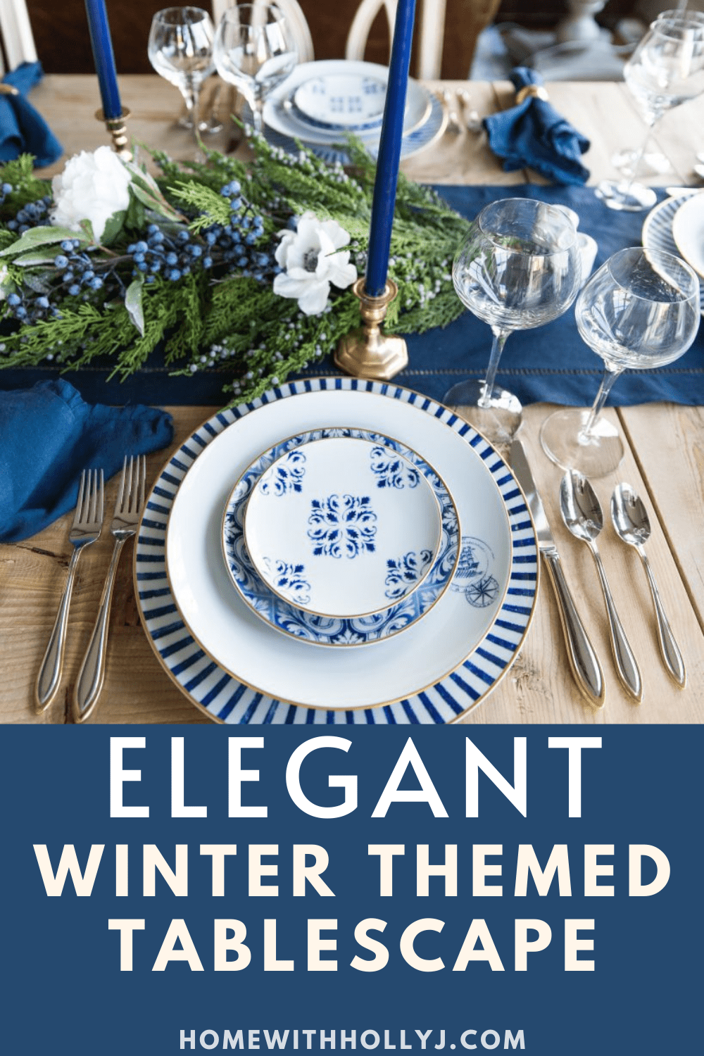 Sharing a beautiful winter themed table setting featuring blue and white colors, plates, napkins, and candlesticks