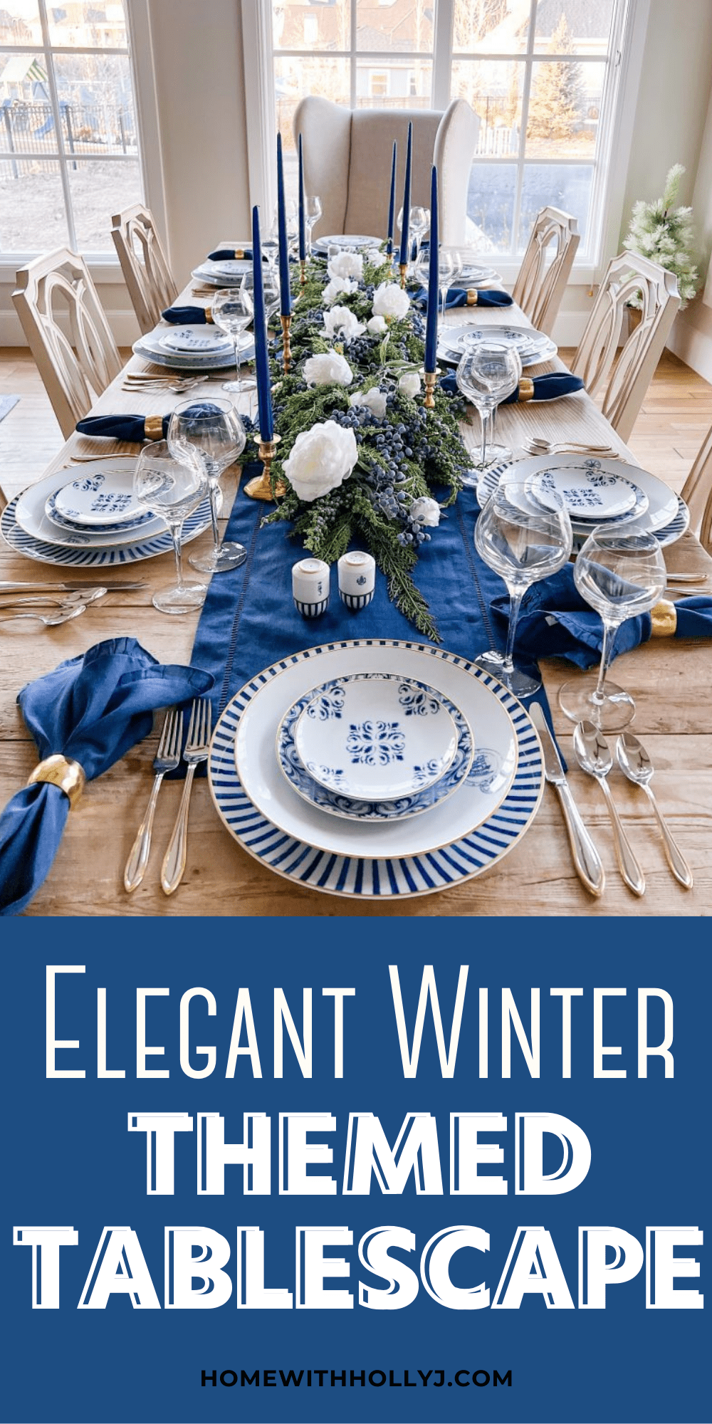 Sharing a beautiful winter themed table setting featuring blue and white colors, plates, napkins, and candlesticks