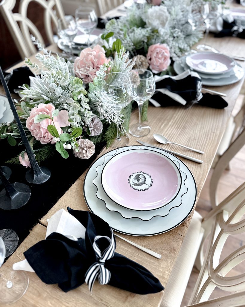 Creating a Stunning Pink, Black, and White Tablescape with Vista Alegre Herbariae Dinnerware Collection. Get inspired here.