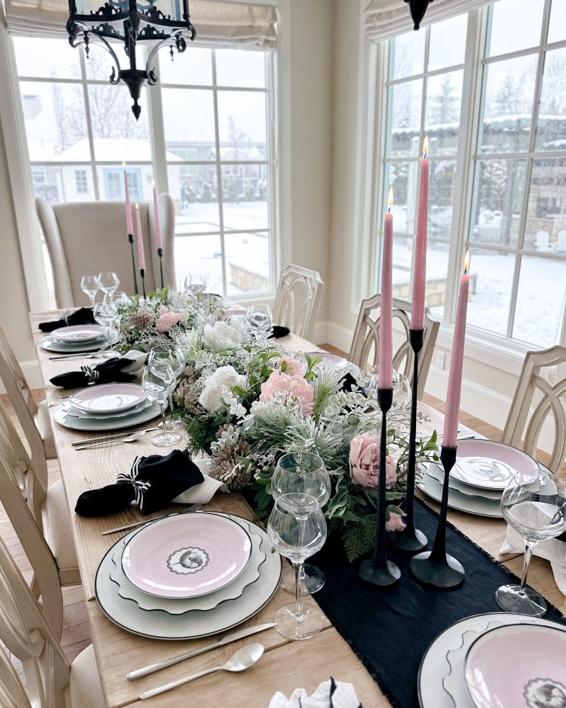 Creating a Stunning Pink, Black, and White Tablescape with Vista Alegre Herbariae Dinnerware Collection. Get inspired here.