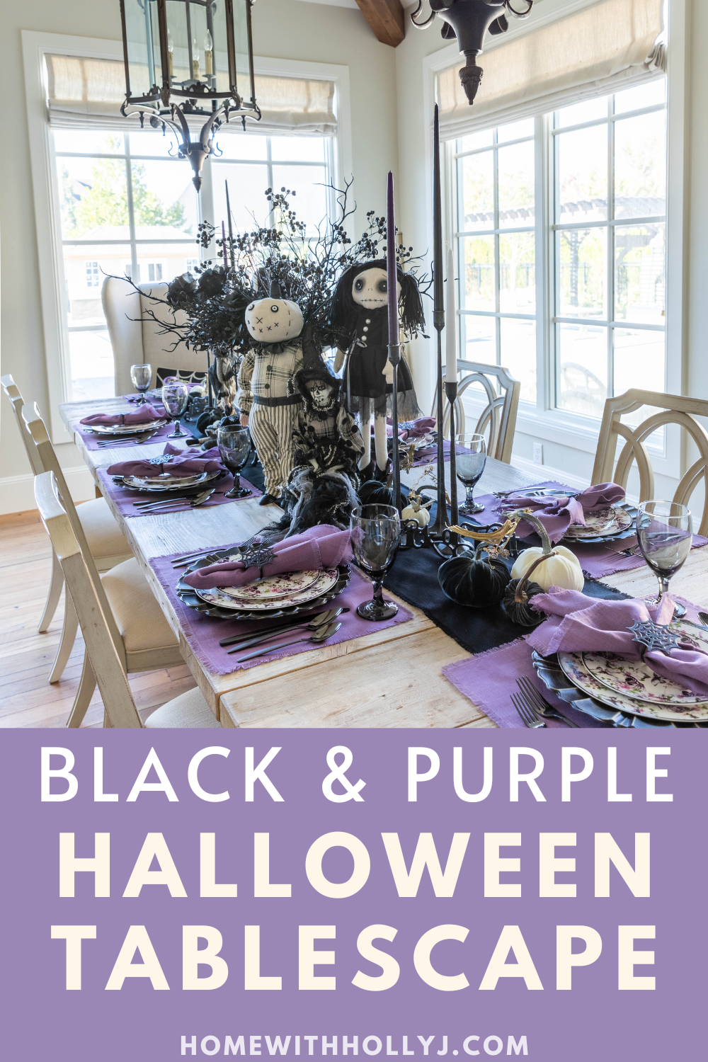 Every Halloween, I love setting up a tablescape that captures the spooky spirit, and this purple and black tablescape is both spook and stylish.