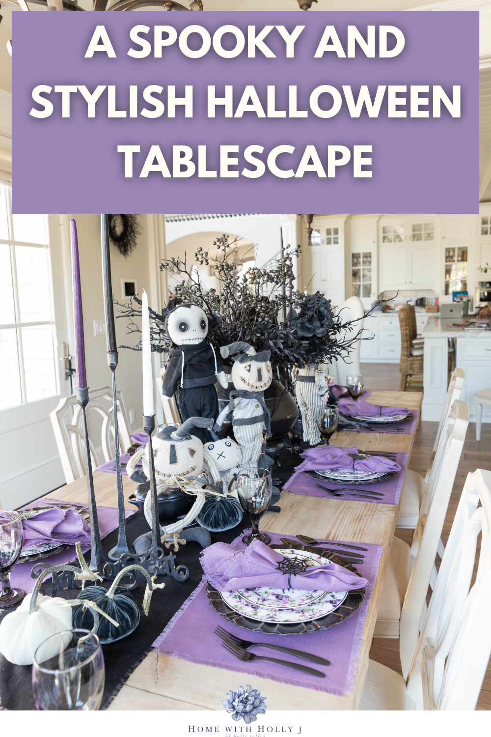 Every Halloween, I love setting up a tablescape that captures the spooky spirit, and this purple and black tablescape is both spook and stylish.