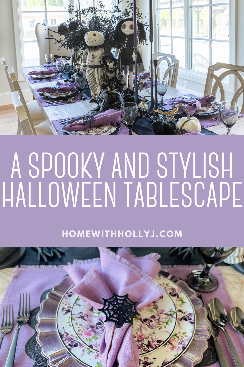 Every Halloween, I love setting up a tablescape that captures the spooky spirit, and this purple and black tablescape is both spook and stylish.