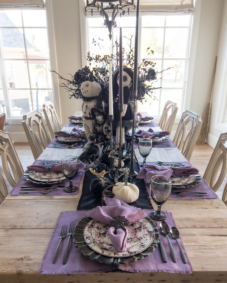 black and purple halloween tablescape