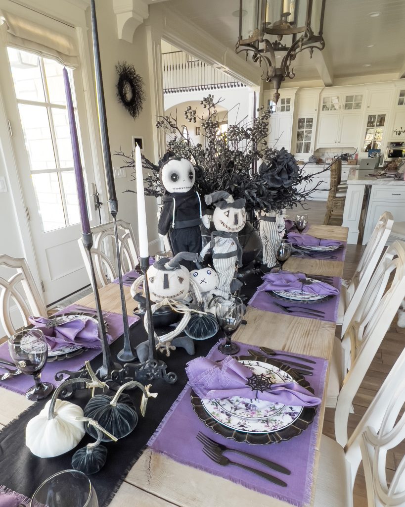 black and purple halloween tablescape