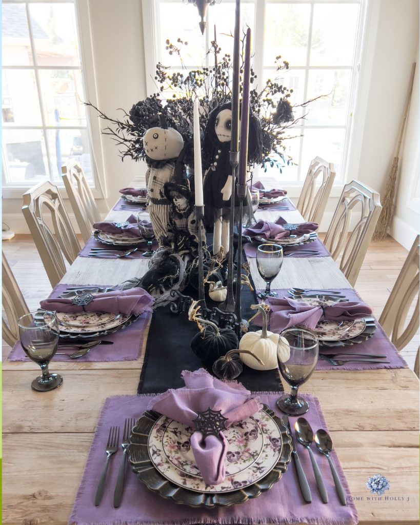 black and purple halloween tablescape