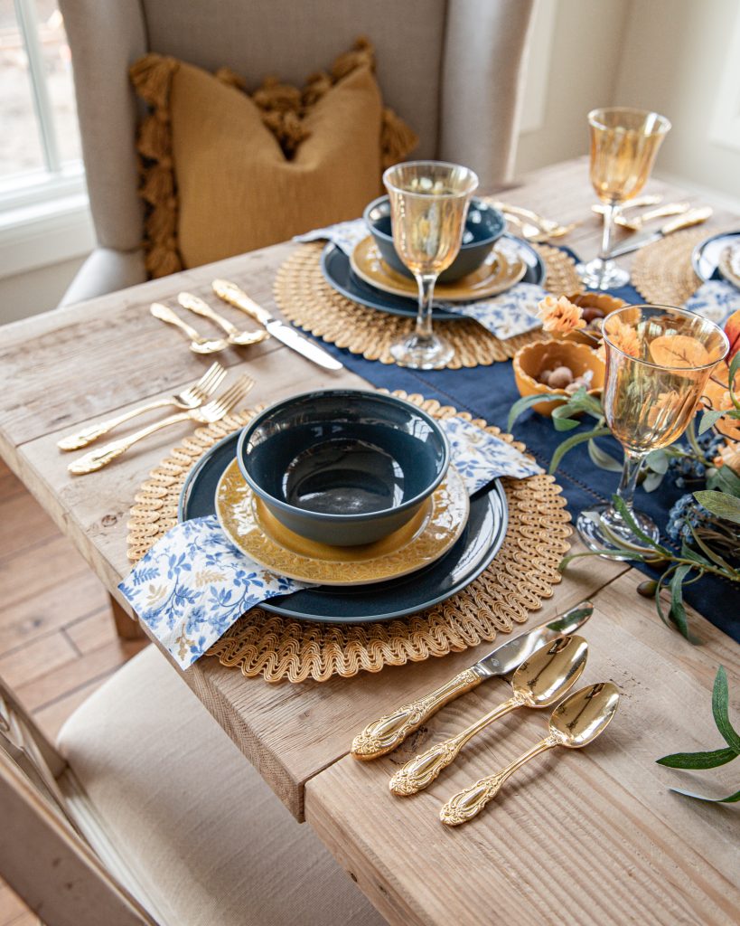 blue and harvest gold placesetting