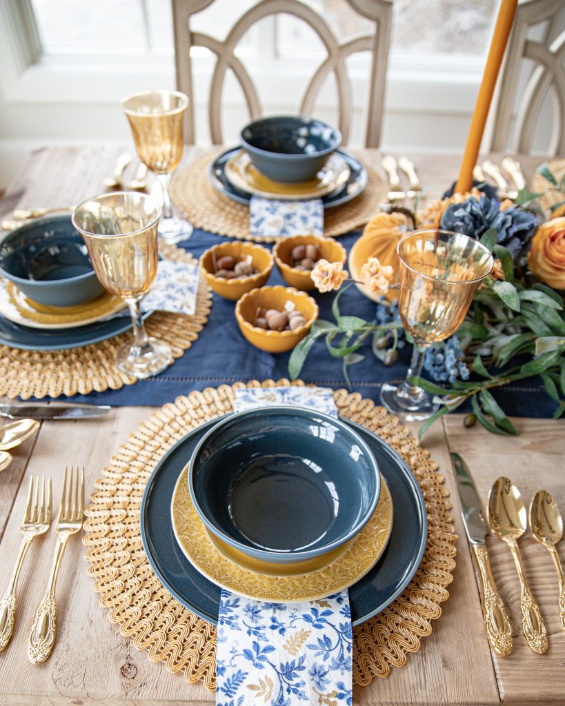 blue and harvest gold place-setting