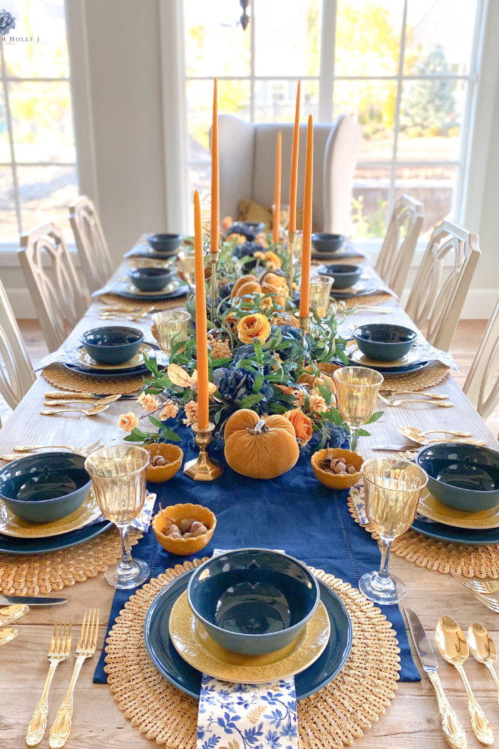 Blue and Harvest Gold Fall Tablescape: Elegant Ideas for Fall and Thanksgiving