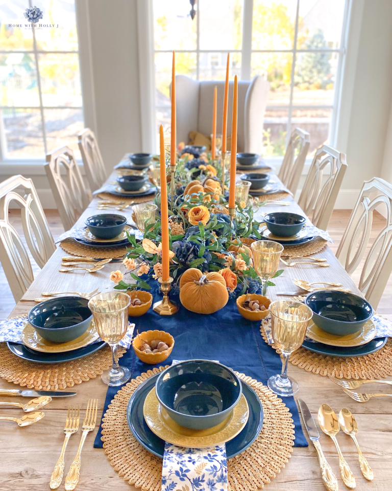 Blue and Harvest Gold Fall Tablescape: Elegant Ideas for Fall and Thanksgiving