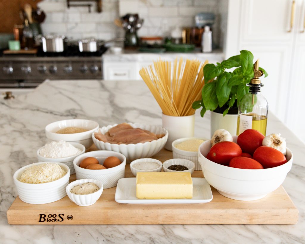 Crusted Chicken Romano and Tomato Butter Pasta Ingredients