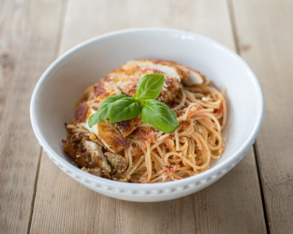 Crusted Chicken Romano and Tomato Butter Pasta Recipe