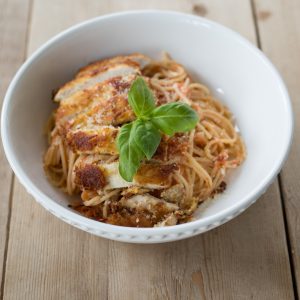 Crusted Chicken Romano and Tomato Butter Pasta Recipe