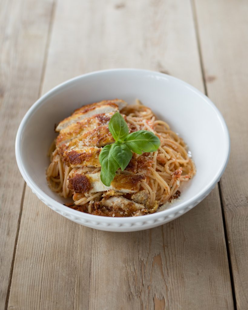 Crusted Chicken Romano and Tomato Butter Pasta