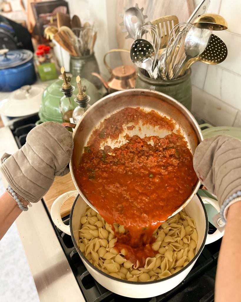 add meat mixture to pasta