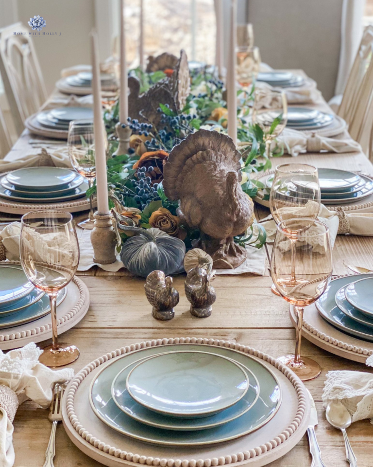 Dusty Blue Fall Tablescape with Muted Autumn Tones