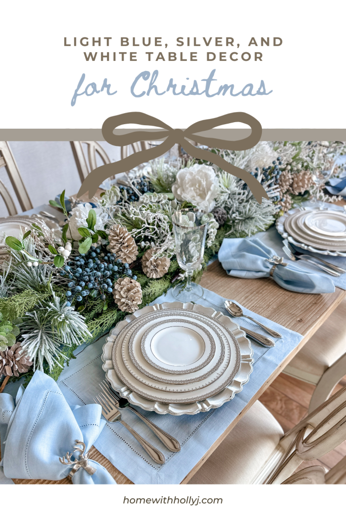 blue silver and white christmas tablescape