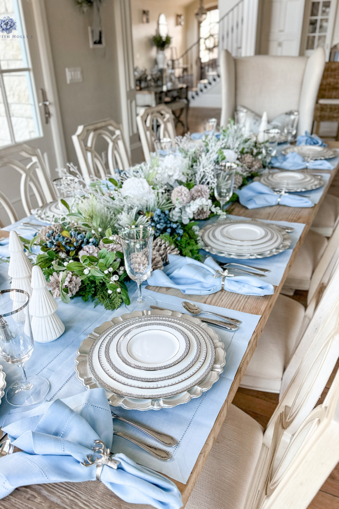 Elegant Light Blue, Silver, and White Christmas Tablescape