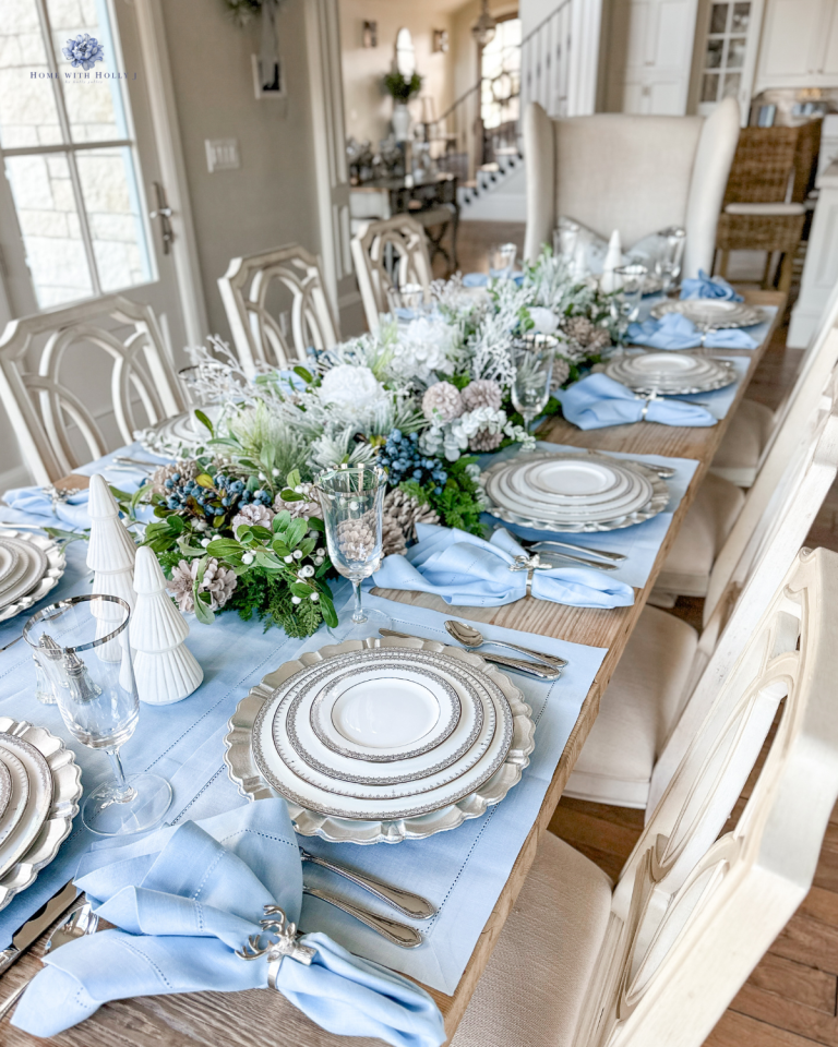 Elegant Light Blue, Silver, and White Christmas Tablescape