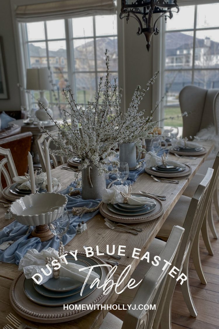 Create a beautiful tablescape for Easter with dusty blue and mango wood accents. Learn how to create this look right now!