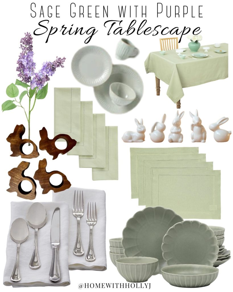 sage green and purple spring tablescape styling items