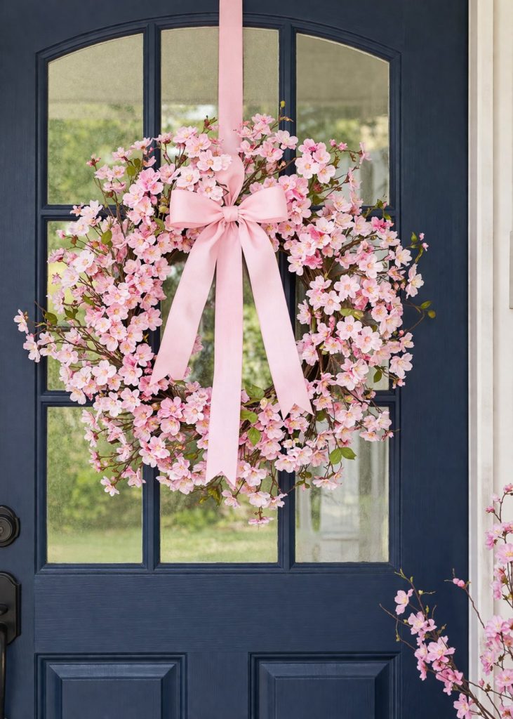Spring pink cherry blossom wreath on a navy door