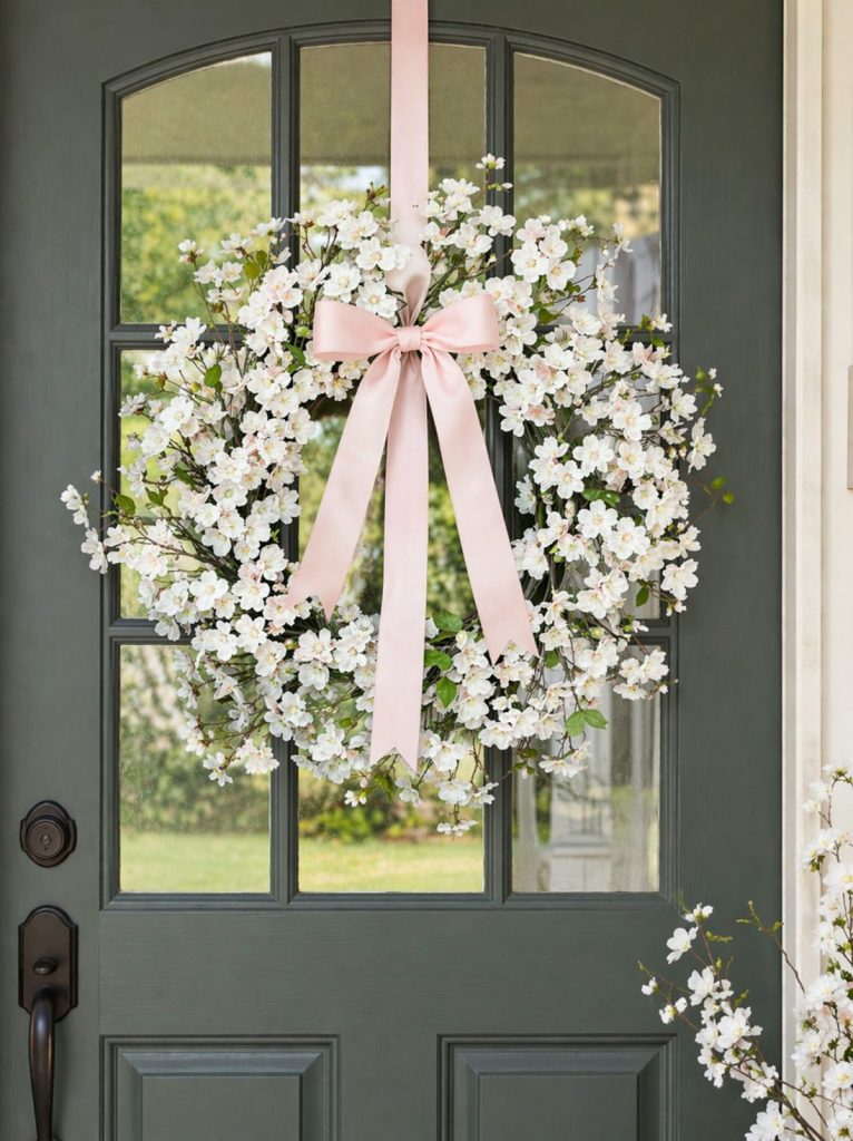 Spring wreath on gray front door with white apple blossoms and a pink ribbon