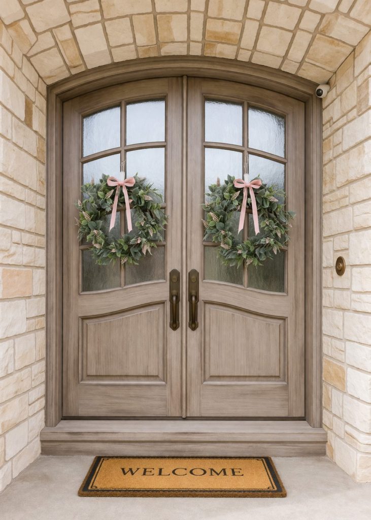 Welcoming cottage entrance with hyacinth wreaths with pink accents and a pink bow at the top