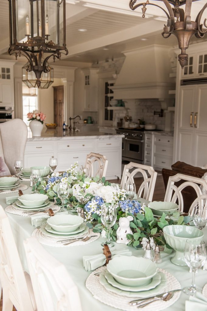 sage green and purple easter spring tablesetting and tablescape